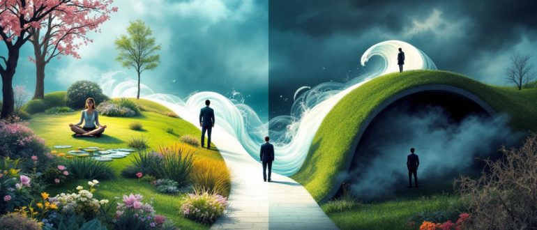 Illustration of self-esteem levels showing healthy garden, fluctuating path, and stormy area, symbolizing different self-esteem states.