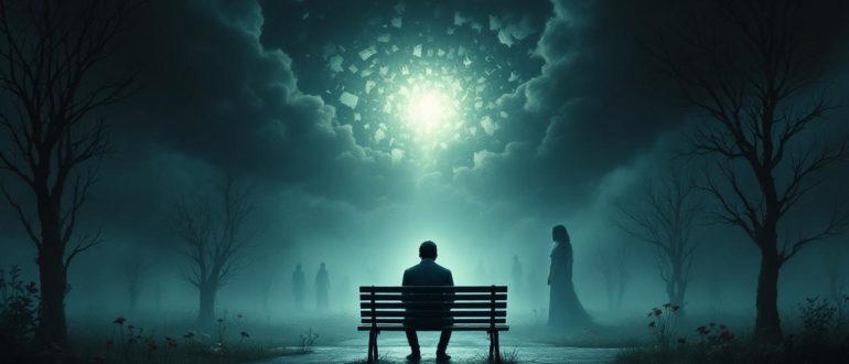 A person sitting in a park, surrounded by swirling thoughts and shadows representing chronic stress.
